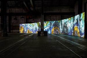 Carriageworks, Semiconductor, 'Earthworks' (2016). Five-channel computer generated animation with four-channel surround sound. 11:20 mins. Installation view: 21st Biennale of Sydney, Carriageworks, Sydney (16 March–11 June 2018). Courtesy the artists. Photo: Zan Wimberley.